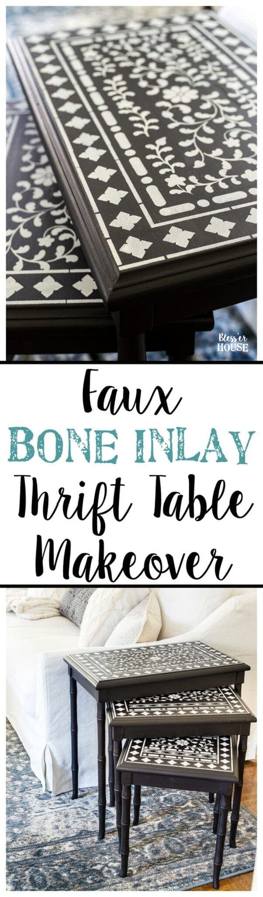 Faux Bone Inlay Nesting Tables Makeover | unigumushane.com - How to stencil furniture to look like an Indian bone inlay Anthropologie piece plus more thrift store furniture makeover ideas. #furnituremakeover #knockoff #thrift #stencil