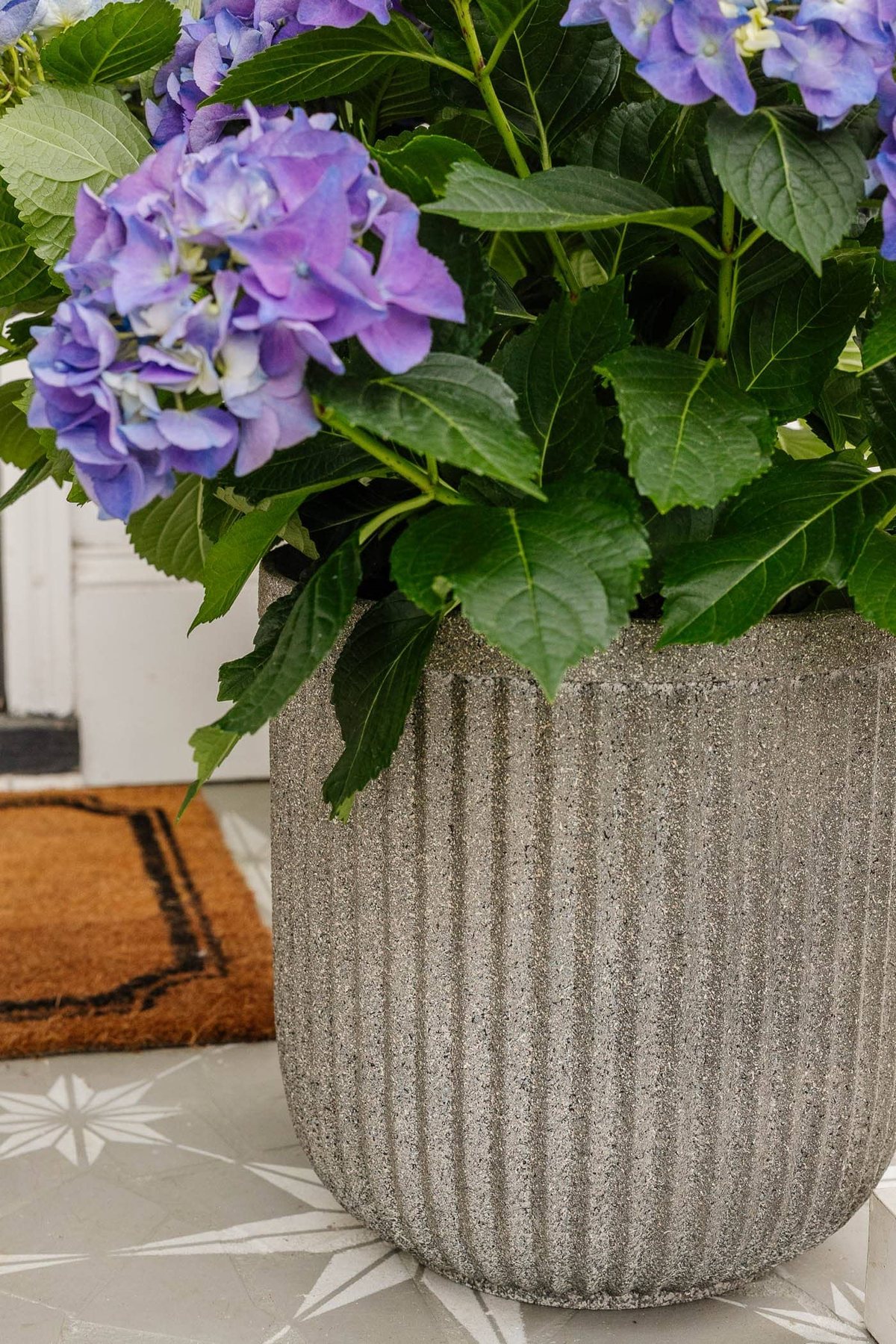 close up of fluted faux DIY concrete planters made with spray paint on cheap resin planters