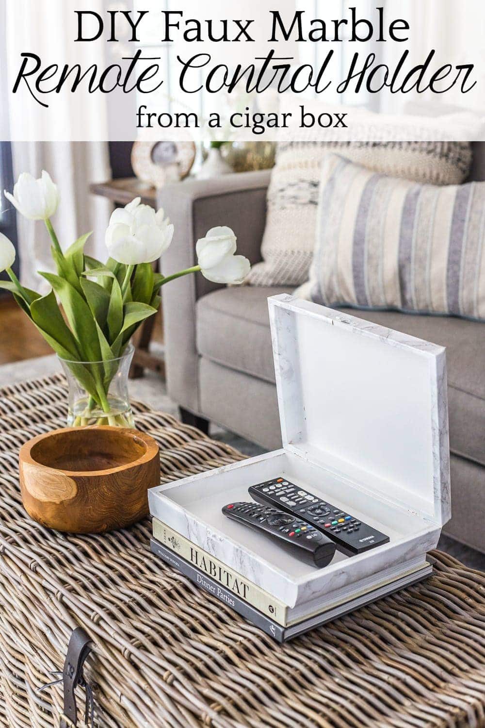 How to wrap a cigar box with contact paper to repurpose into a decorative remote control holder for a coffee table. #remotecontrolholder #coffeetabledecor