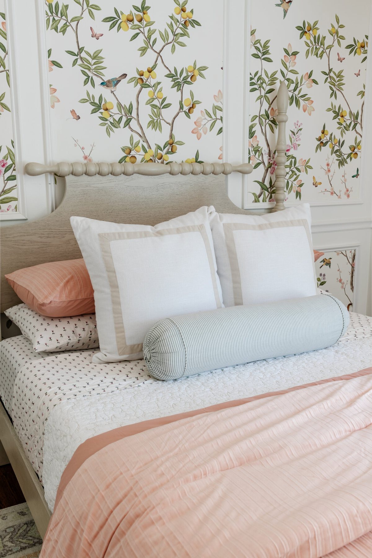 spindle vintage style wood bed pink bedding and cottagecore decor