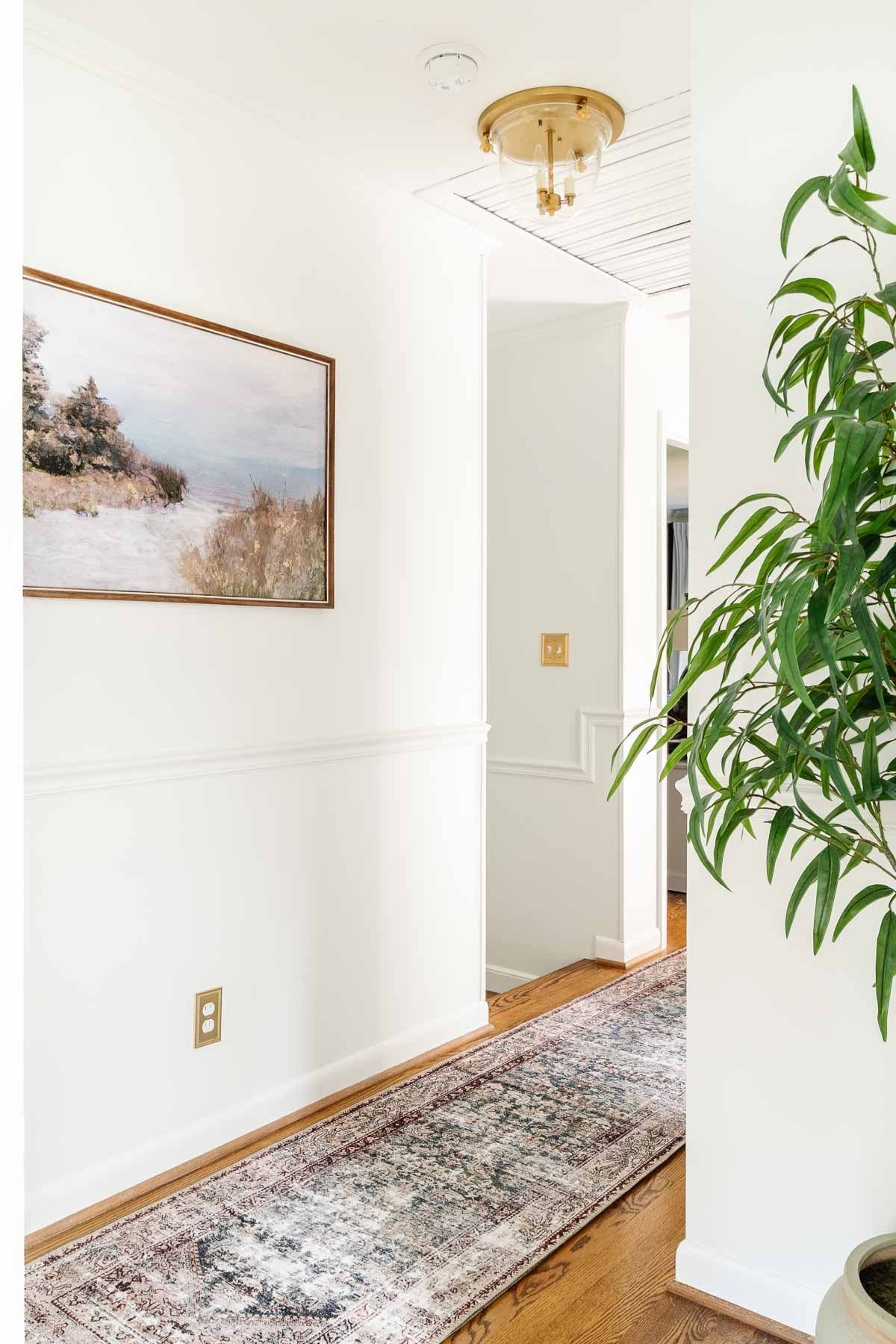 small hallway ideas : add art, a runner, plants, and interesting lighting