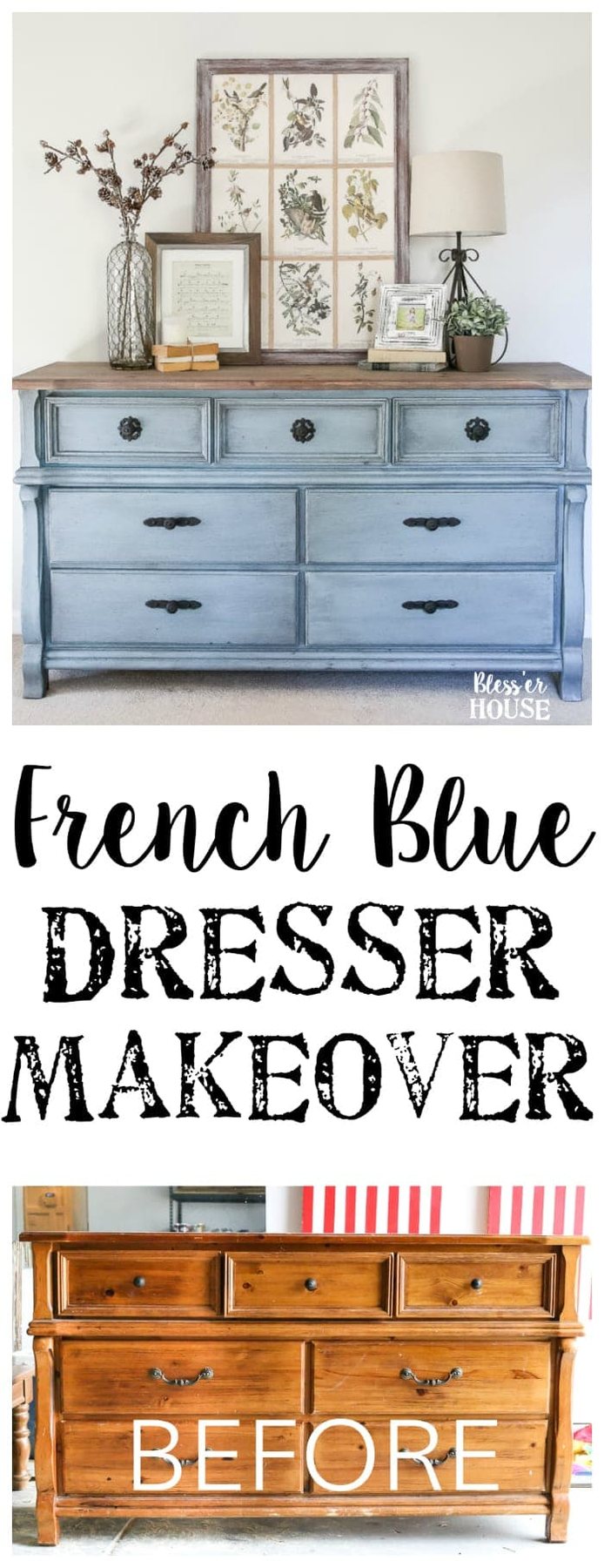 French Blue Dresser Makeover | unigumushane.com - An orange wood thrifted dresser gets a French blue makeover using Fusion Mineral Paint in Champness and Homestead House Wax in Espresso.