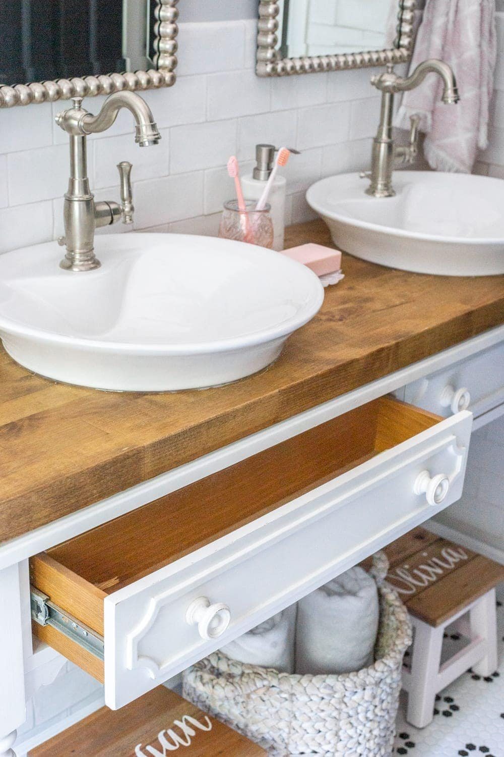 Girls' Bathroom Decor Details & Sources | Console table converted into a vanity with vessel sinks