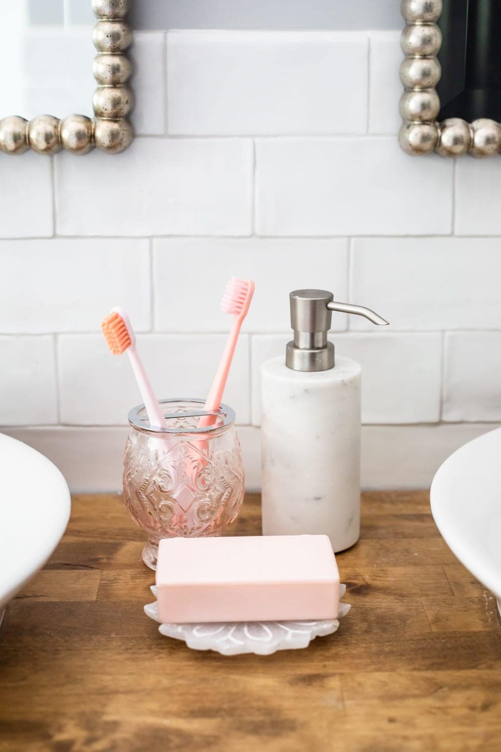 Girls' Bathroom Decor Details & Sources | bathroom accessories, toothbrush holder, soap dispenser, handmade subway tile, butcher block countertop