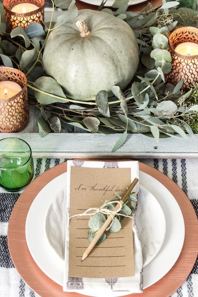 Green and Copper Thanksgiving Tablescape + Printable | unigumushane.com - How to style a Thanksgiving tablescape using dollar store finds and repurposing typical items around the house for inexpensive holiday decor.