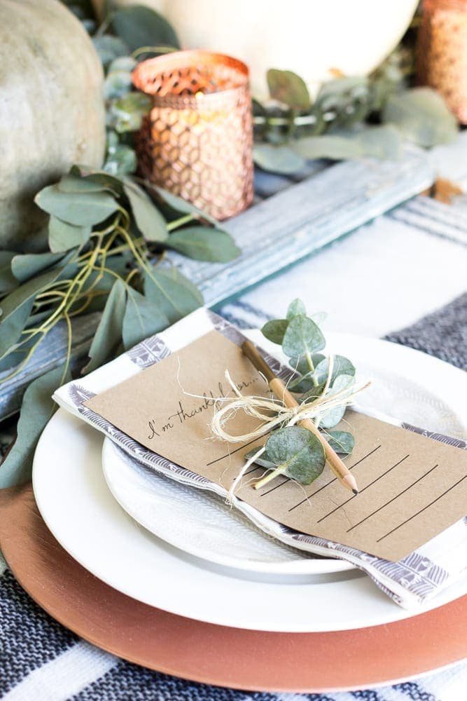 Green and Copper Thanksgiving Tablescape + Printable | unigumushane.com - How to style a Thanksgiving tablescape using dollar store finds and repurposing typical items around the house for inexpensive holiday decor.