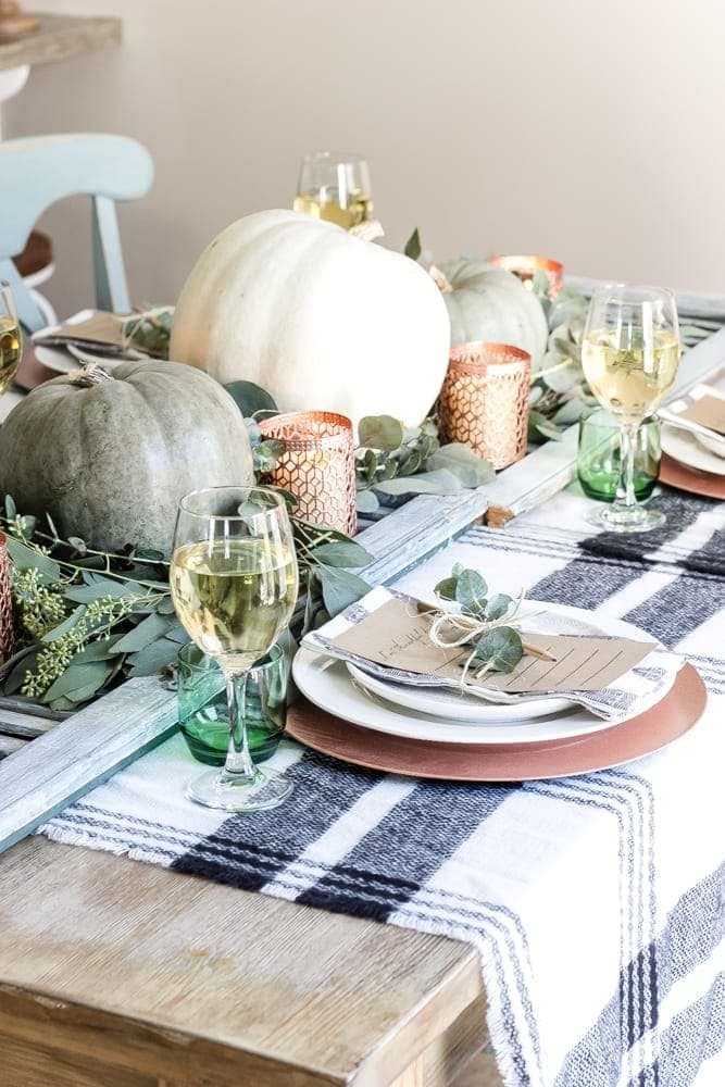 Green and Copper Thanksgiving Tablescape + Printable | unigumushane.com - How to style a Thanksgiving tablescape using dollar store finds and repurposing typical items around the house for inexpensive holiday decor.