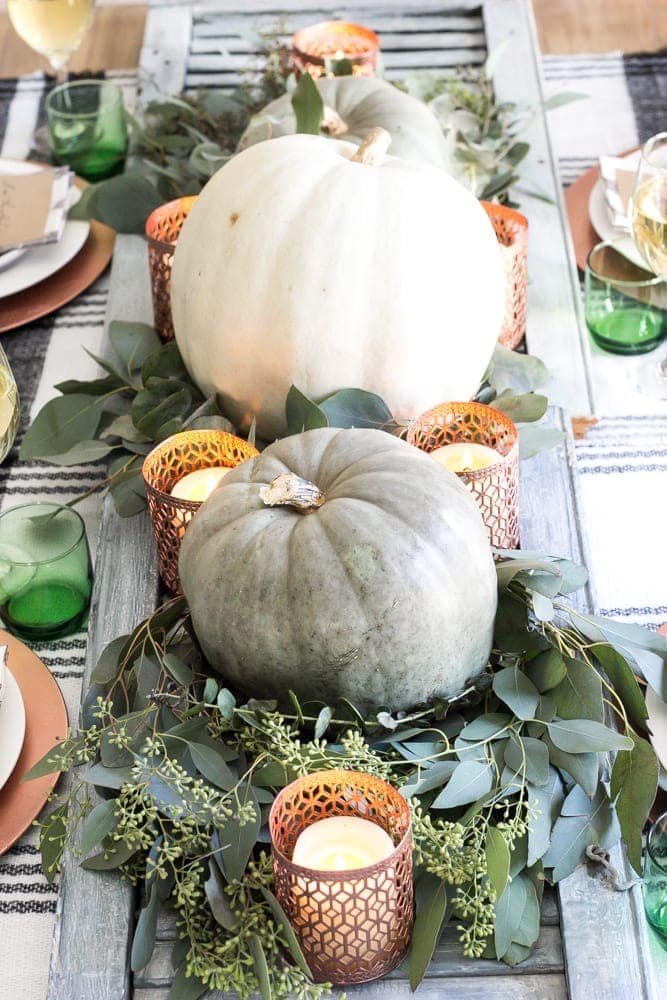 Green and Copper Thanksgiving Tablescape + Printable | unigumushane.com - How to style a Thanksgiving tablescape using dollar store finds and repurposing typical items around the house for inexpensive holiday decor.