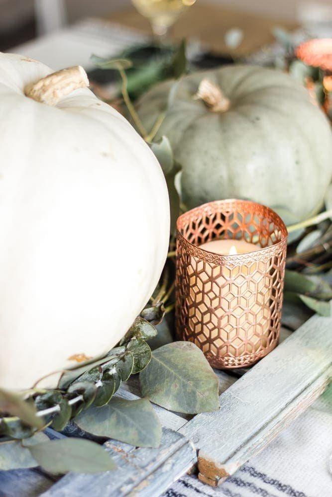 Green and Copper Thanksgiving Tablescape + Printable | unigumushane.com - How to style a Thanksgiving tablescape using dollar store finds and repurposing typical items around the house for inexpensive holiday decor.