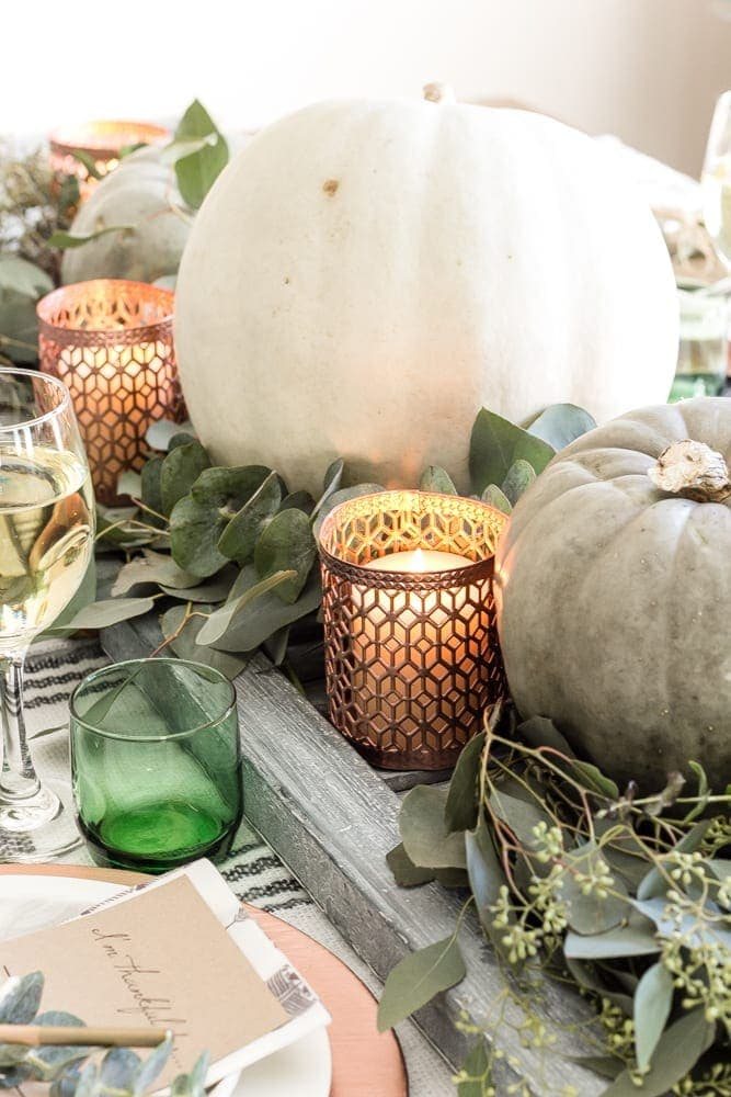Green and Copper Thanksgiving Tablescape + Printable | unigumushane.com - How to style a Thanksgiving tablescape using dollar store finds and repurposing typical items around the house for inexpensive holiday decor.