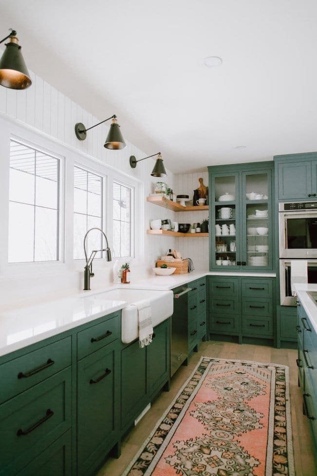 A round-up of the best green kitchen cabinet paint colors for the hottest bold kitchen color trend. #greenkitchen #kitcheninspiration #paintcolors #greenpaint #kitcheninspiration #boldkitchen #greencabinets #greenpaintcolor #paintinspiration #kitchentrend
