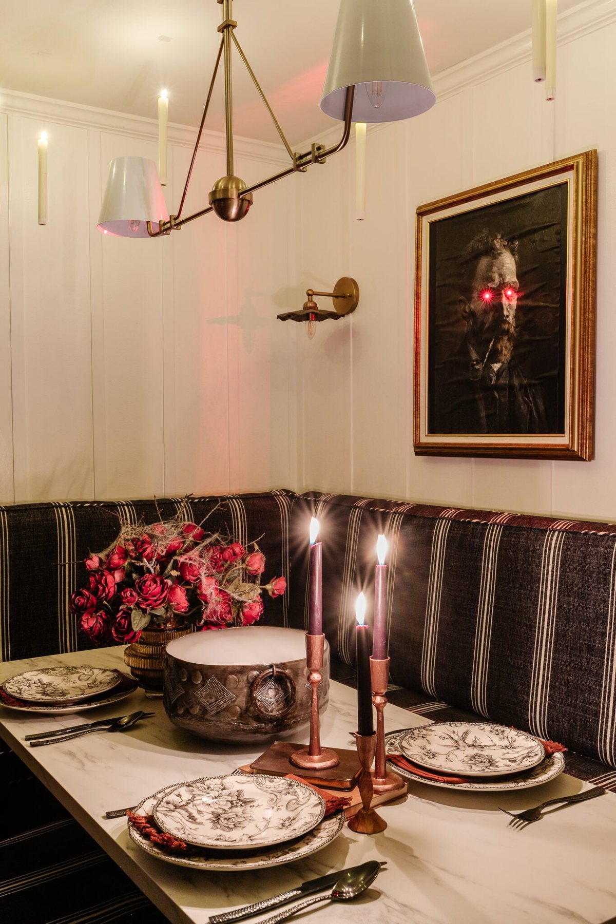 spooky dinner party table at night
