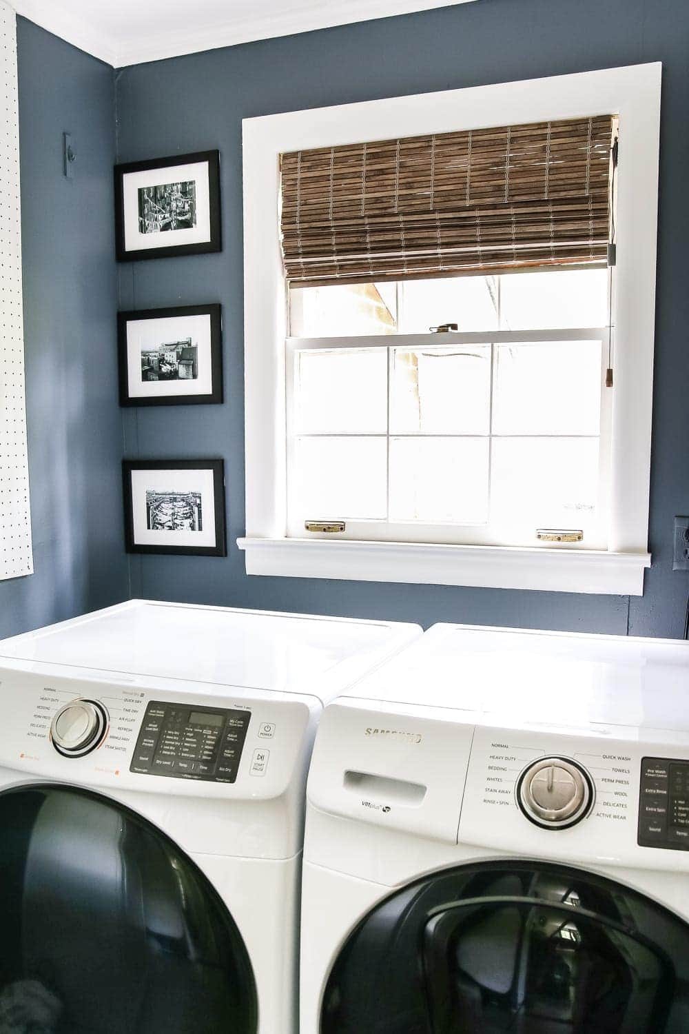 High Contrast Laundry Room Makeover | unigumushane.com - A dingy and dated laundry room gets a high contrast navy and white makeover packed with organizational strategies and budget-conscious DIY projects.
