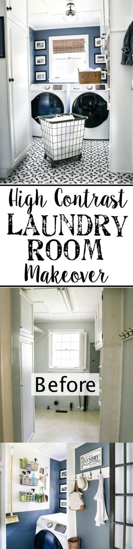 High Contrast Laundry Room Makeover | unigumushane.com - A dingy and dated laundry room gets a high contrast navy and white makeover packed with organizational strategies and budget-conscious DIY projects.