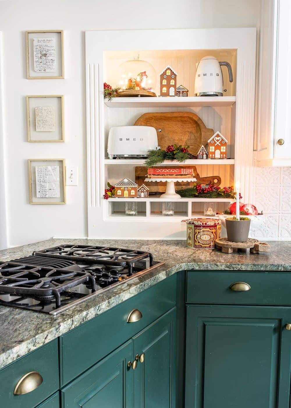 Christmas decor ideas | Christmas kitchen shelves and framed handwritten recipes from past generations