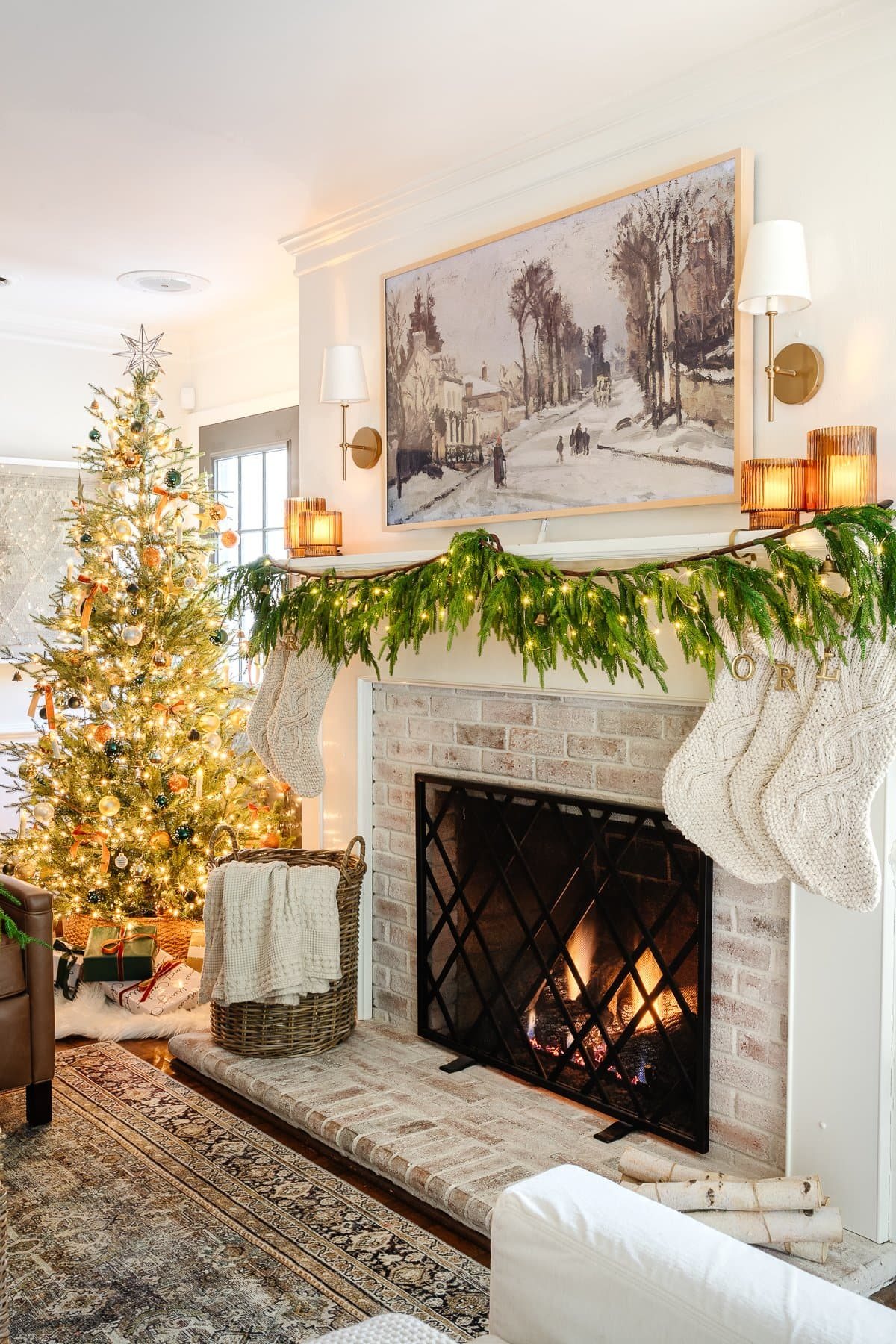 simple Christmas mantel with realistic garland and realistic tree