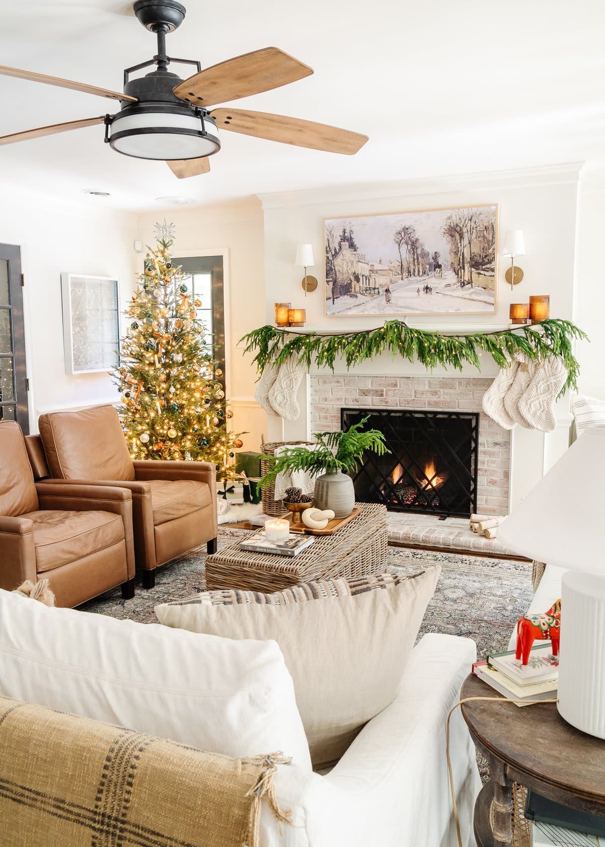 Green and copper Christmas living room decor