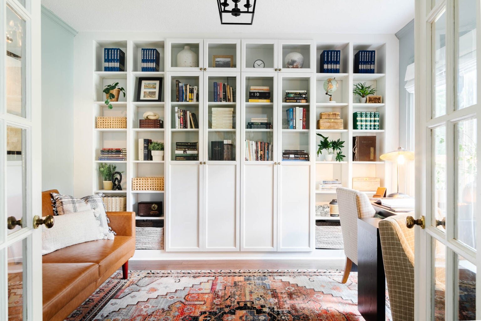 home office setup with IKEA Billy bookcase shelving