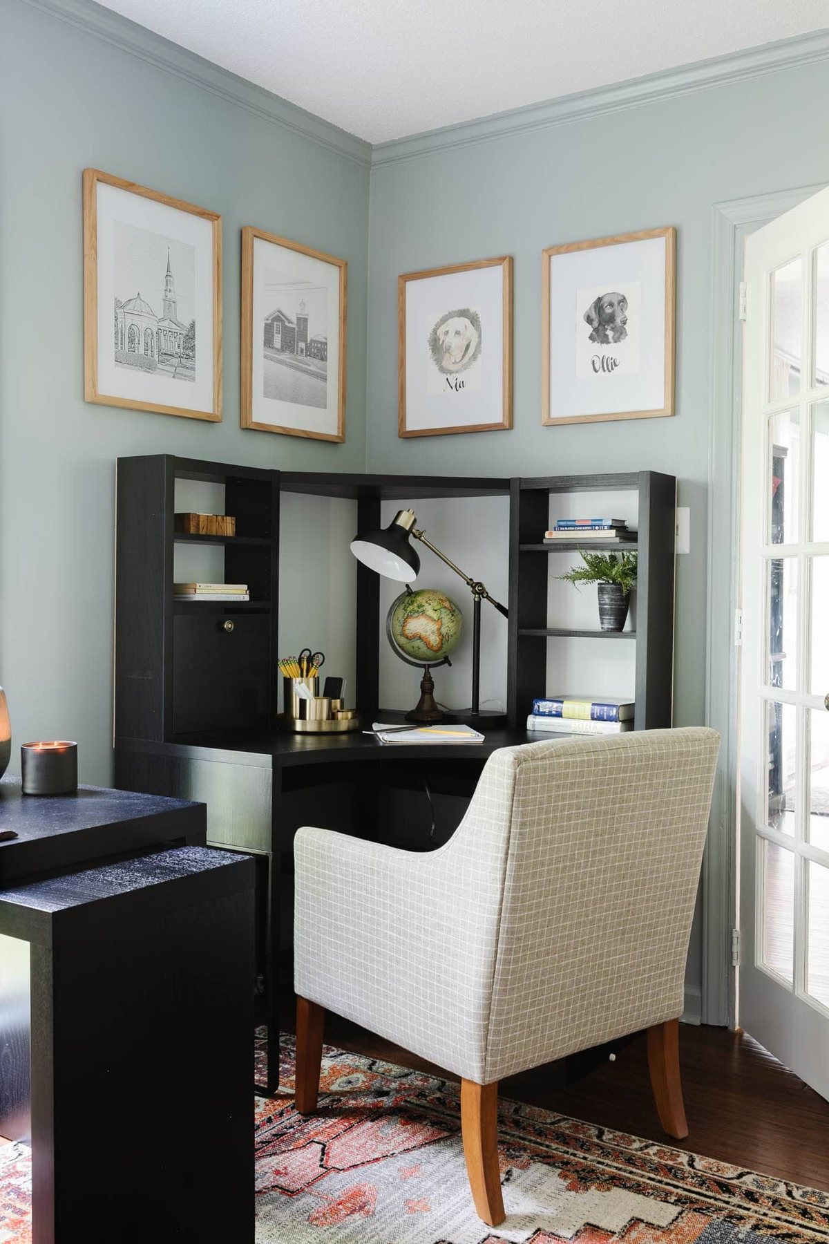 IKEA MICKE corner desk in a home office with globe and lamp for homeschooling