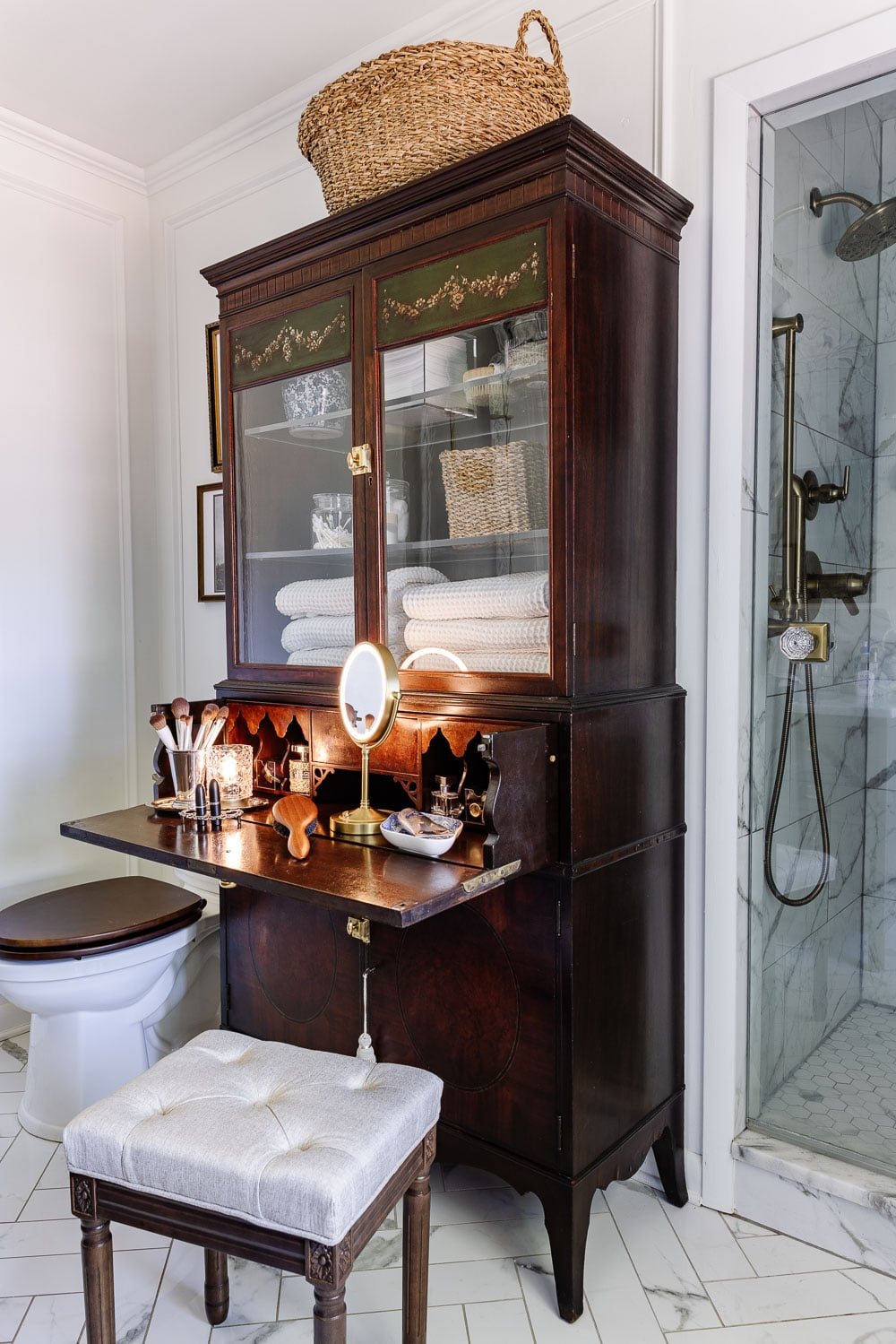 How I Turned a Secretary Desk Into a DIY Makeup Vanity in Our Small Bathroom