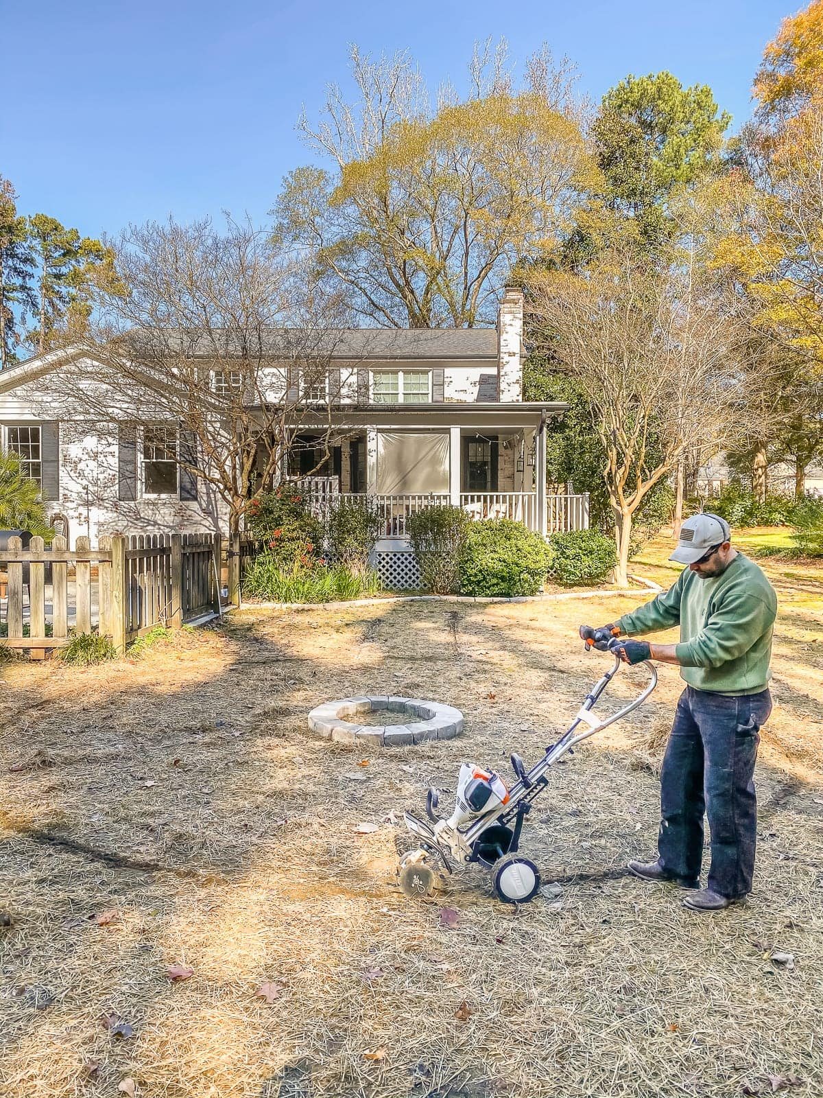 STIHL Yard Boss edging the outline of a fire pit