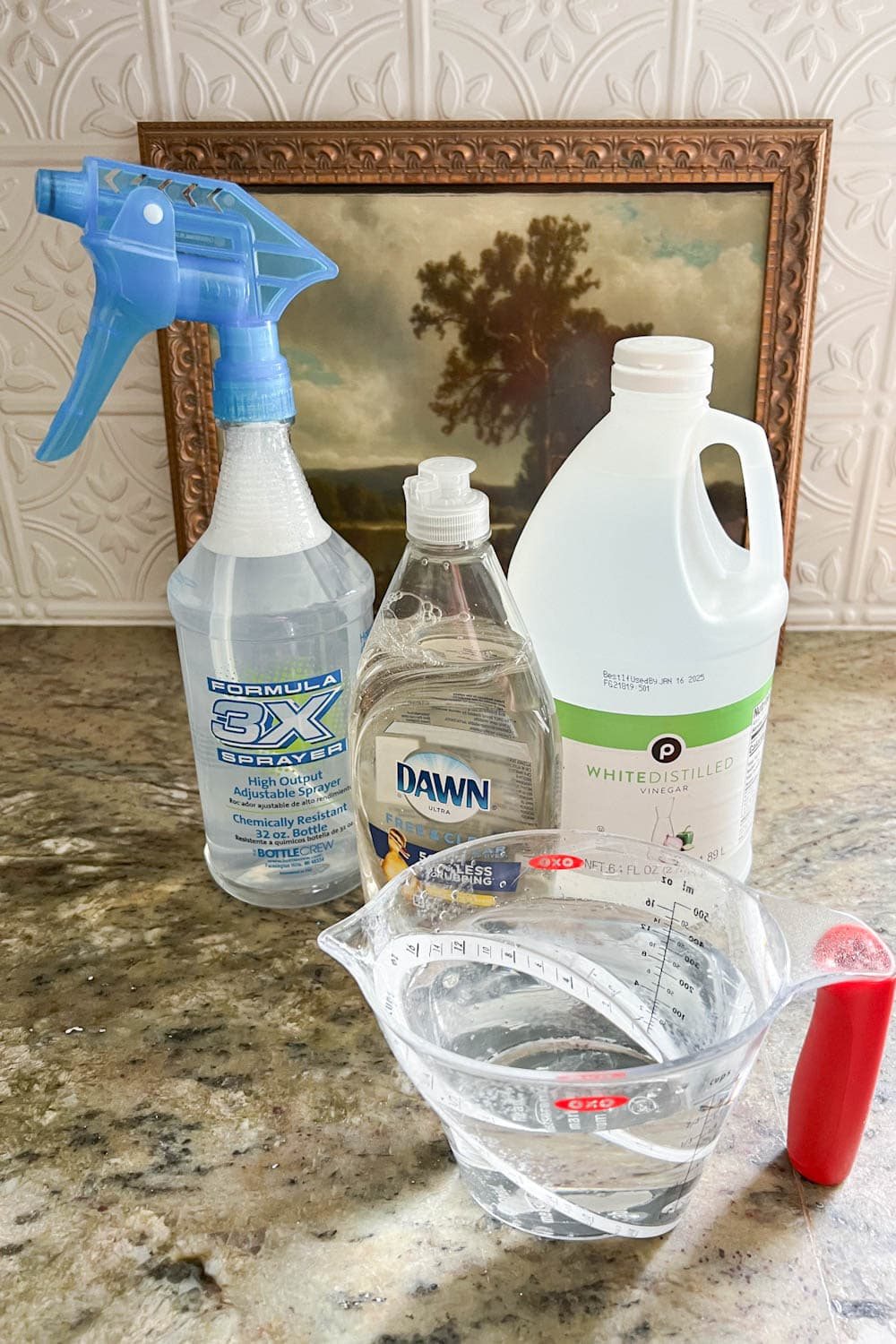 DIY couch cleaner using water, white vinegar, and dish soap in a spray bottle