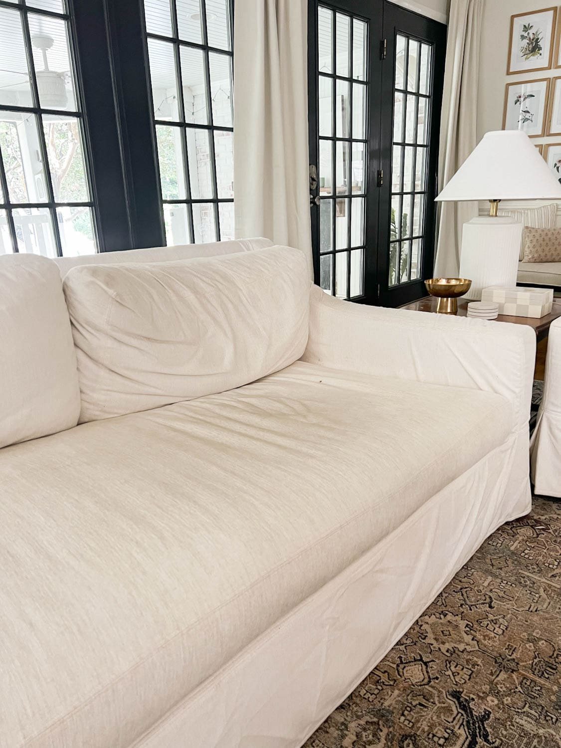 Pottery Barn couch with Sunbrella fabric before DIY couch cleaning