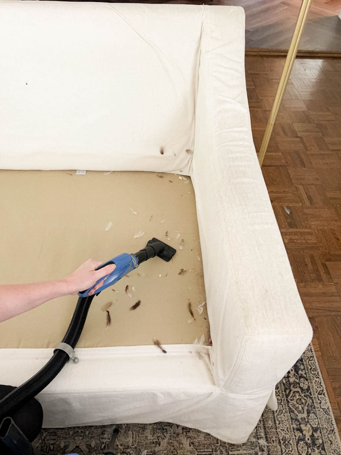 vacuuming debris underneath sofa cushions