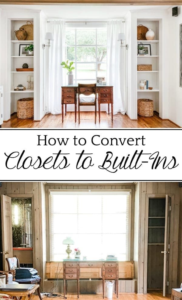 How to Convert Closets to Built-In Shelves: A step-by-step tutorial for converting closets into built-in shelves & a living room office transformation.