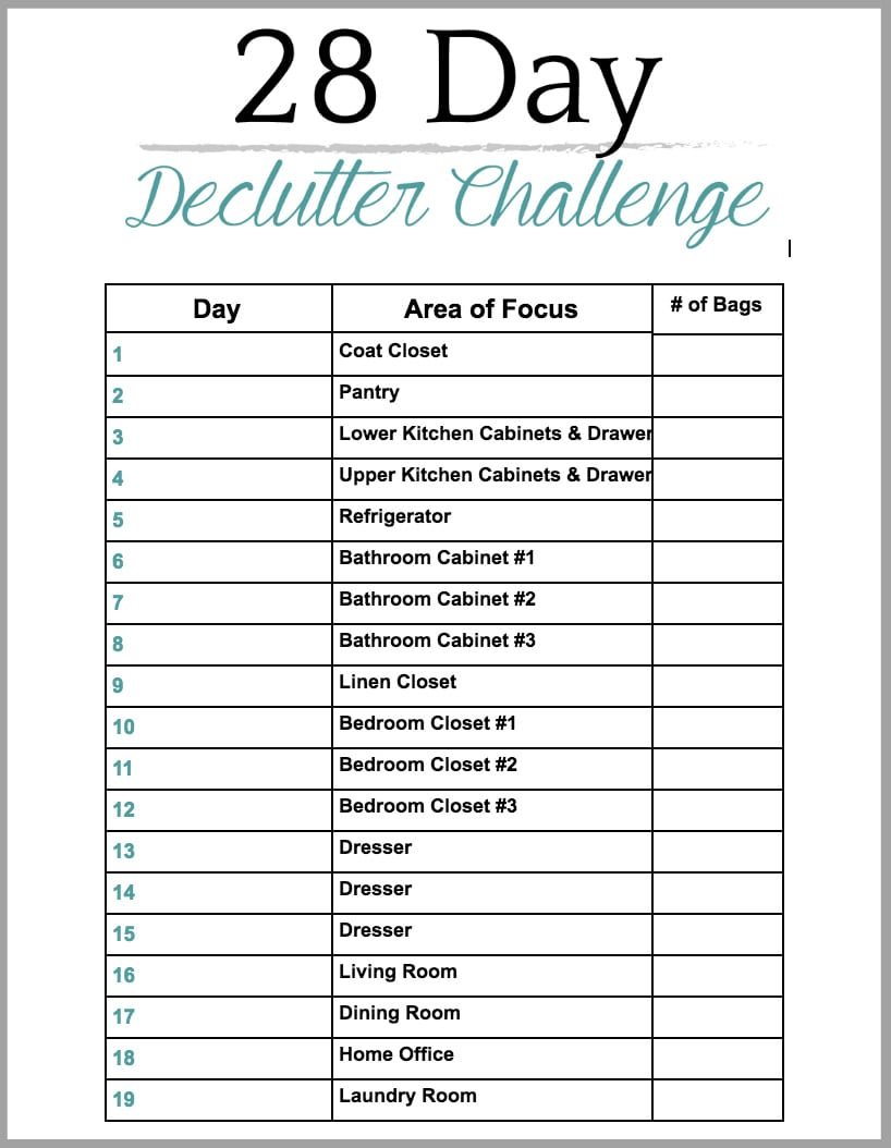 28 Day Declutter Challenge Checklist Printable - How to declutter your entire house without losing your mind, plus tips and a free printable to make the process easier and more efficient.