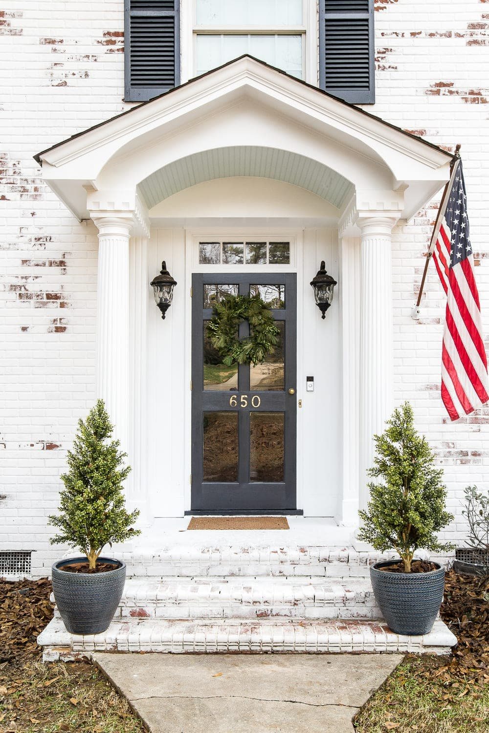winter front porch stoop on a colonial house