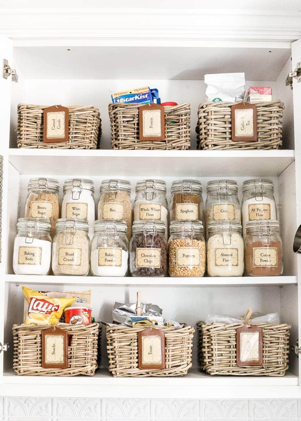 pantry with jars and baskets labeled with food