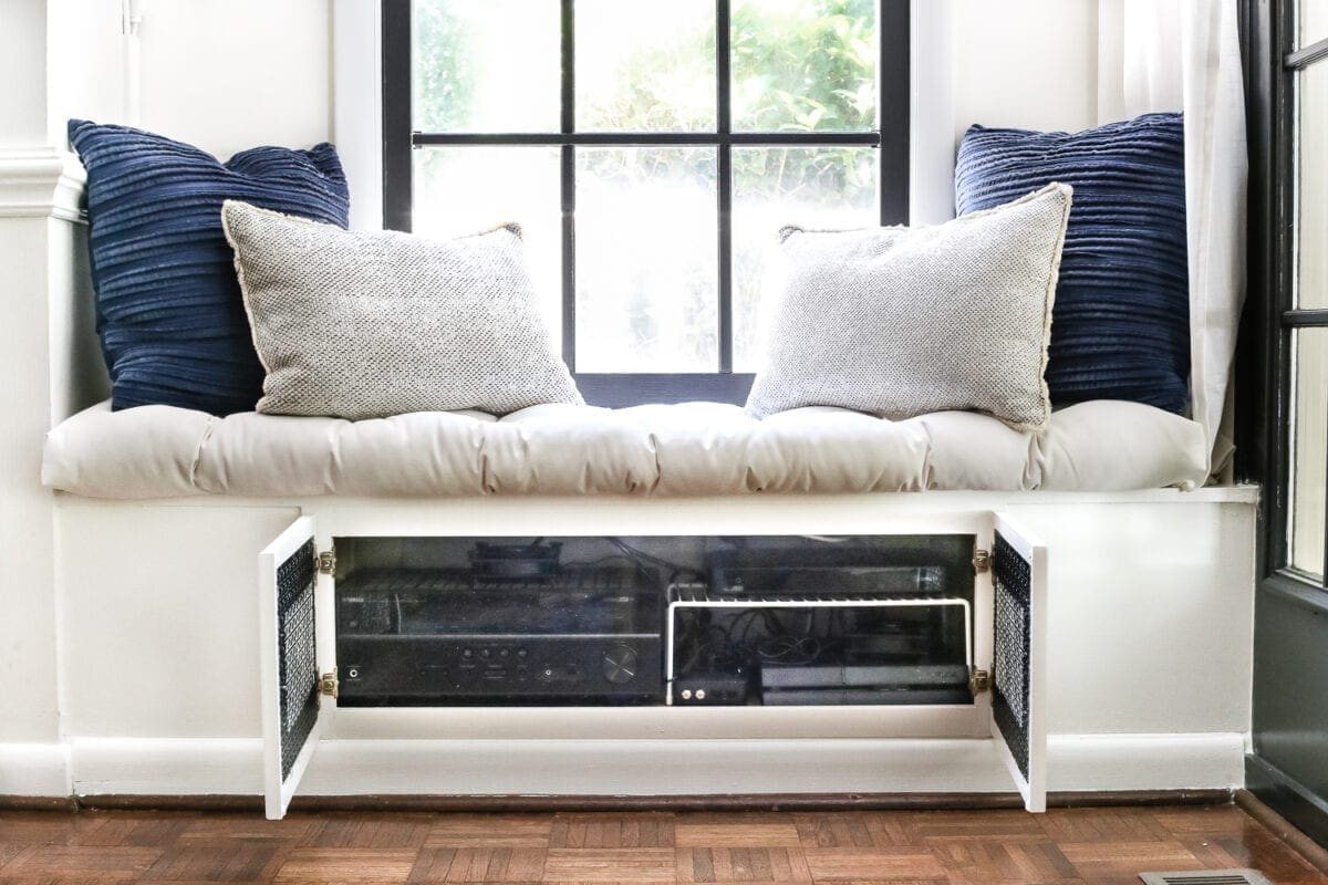 DIY Window Seat from a Kitchen Cabinet | unigumushane.com - A simplified tutorial for how to build a DIY window seat using a prefabbed kitchen cabinet to house electronics and hide cords.