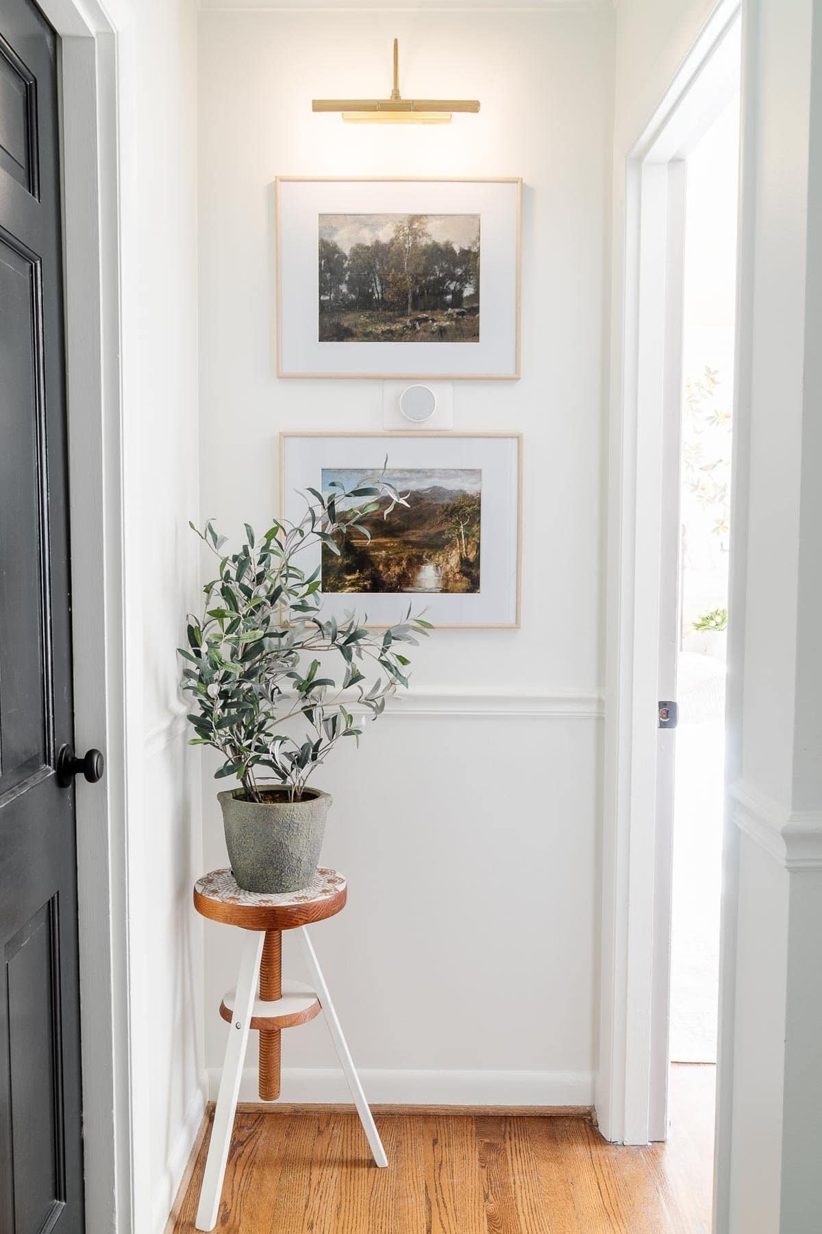white hallway with black doors and landscape art