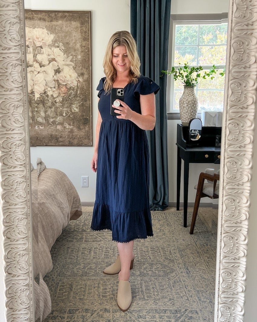 navy blue linen midi dress postpartum outfit