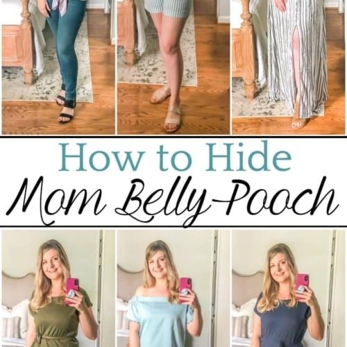 7 fashion tips for hiding postpartum mom bod and belly pooch without looking frumpy along with budget-friendly places to buy them.