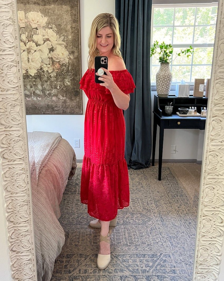 red midi postpartum dress
