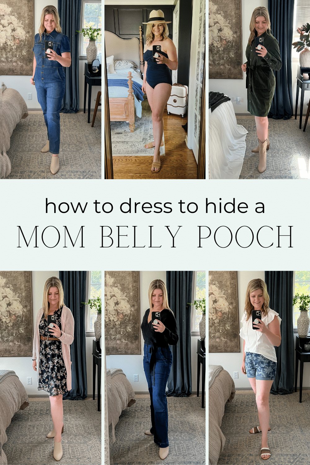 Simplified styling tips and tricks with outfit ideas for hiding postpartum belly pooch to feel confident in a postpartum mommy body.