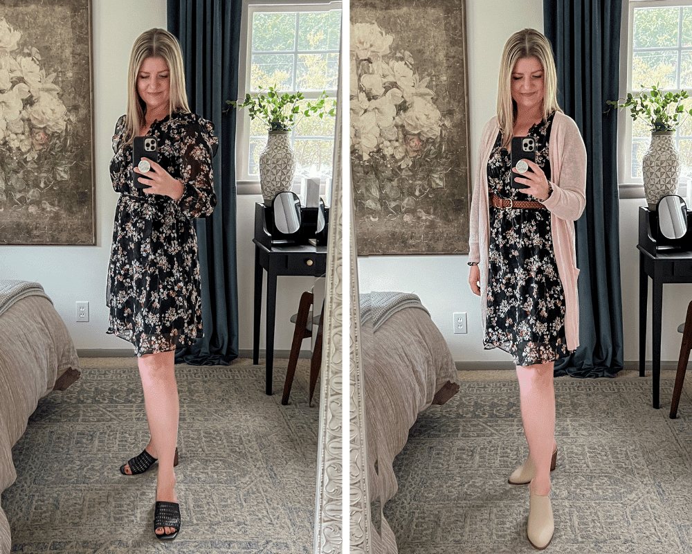 styling a dress to hide tummy with belt and cardigan