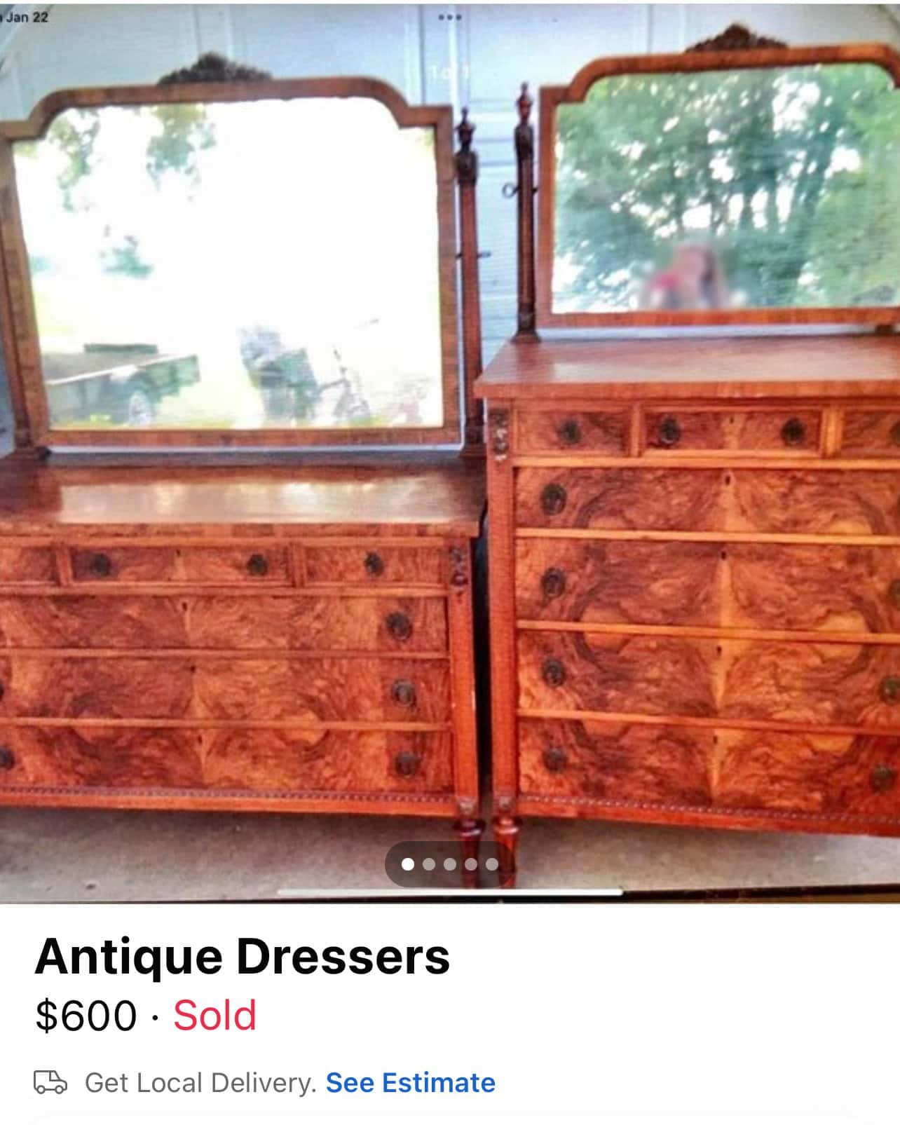burl dressers listed on facebook marketplace