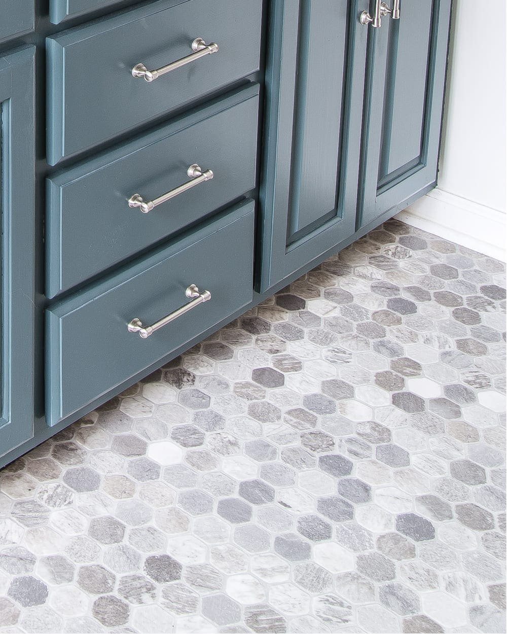 Budget Master Bathroom Refresh Reveal | hexagon tile look sheet vinyl flooring