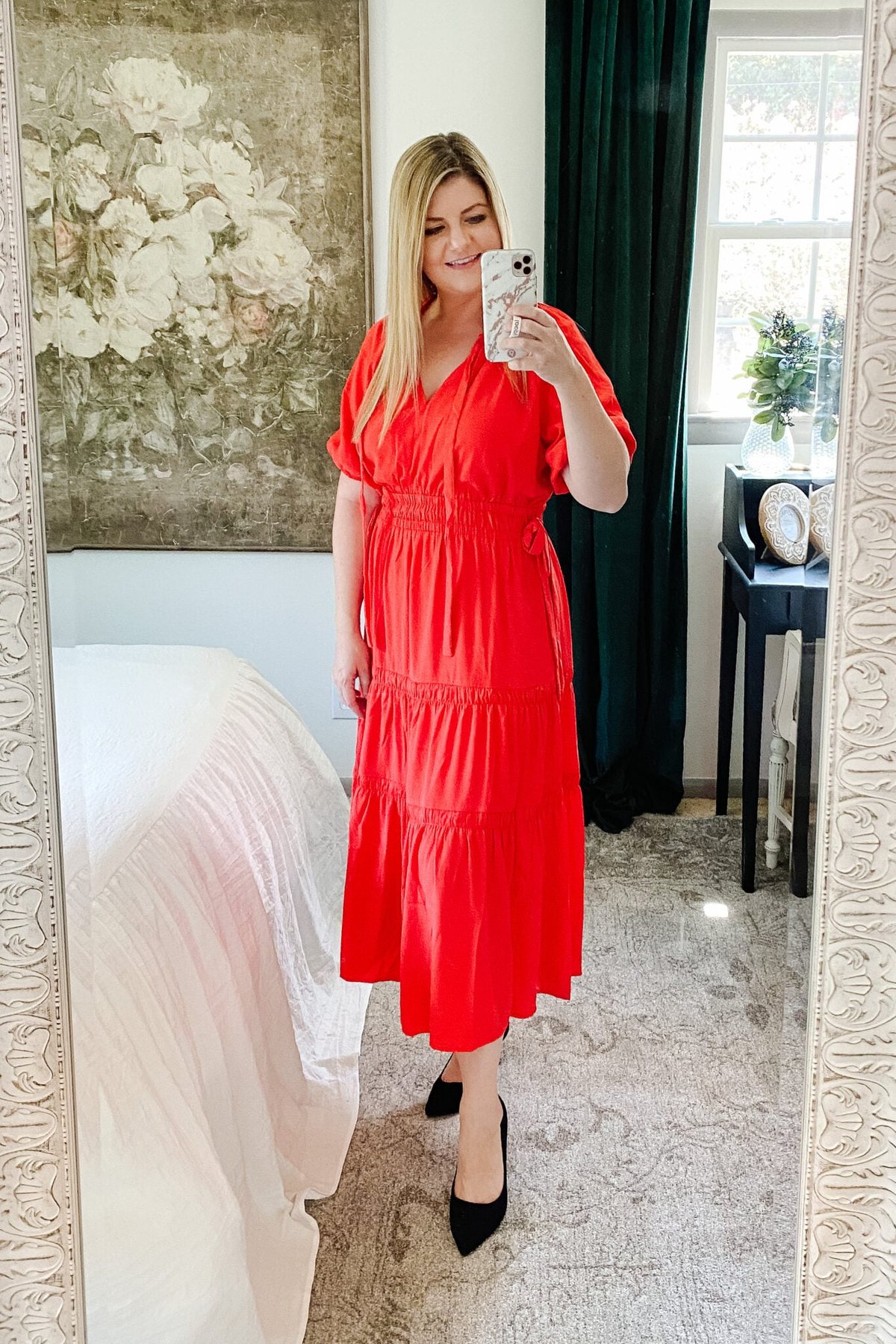 Slimming fall outfit idea: red waist defining dress and pointed toe heels