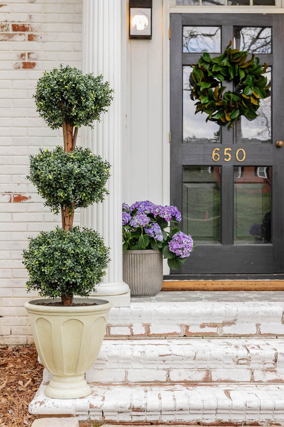 boxwood topiary in an urn planter and fluted concrete planter with purple hydrangeas on a small front porch stoop