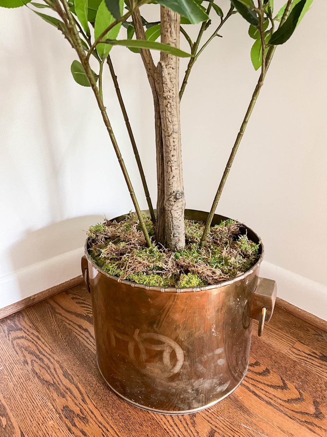 vintage brass planter stuffed with bubble wrap and moss to make a faux tree look realistic