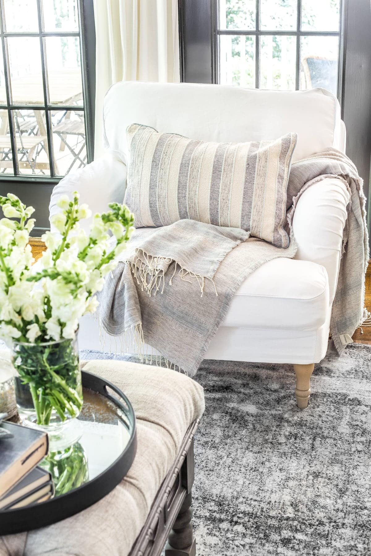living room armchair with exposed legs to make a small room look bigger