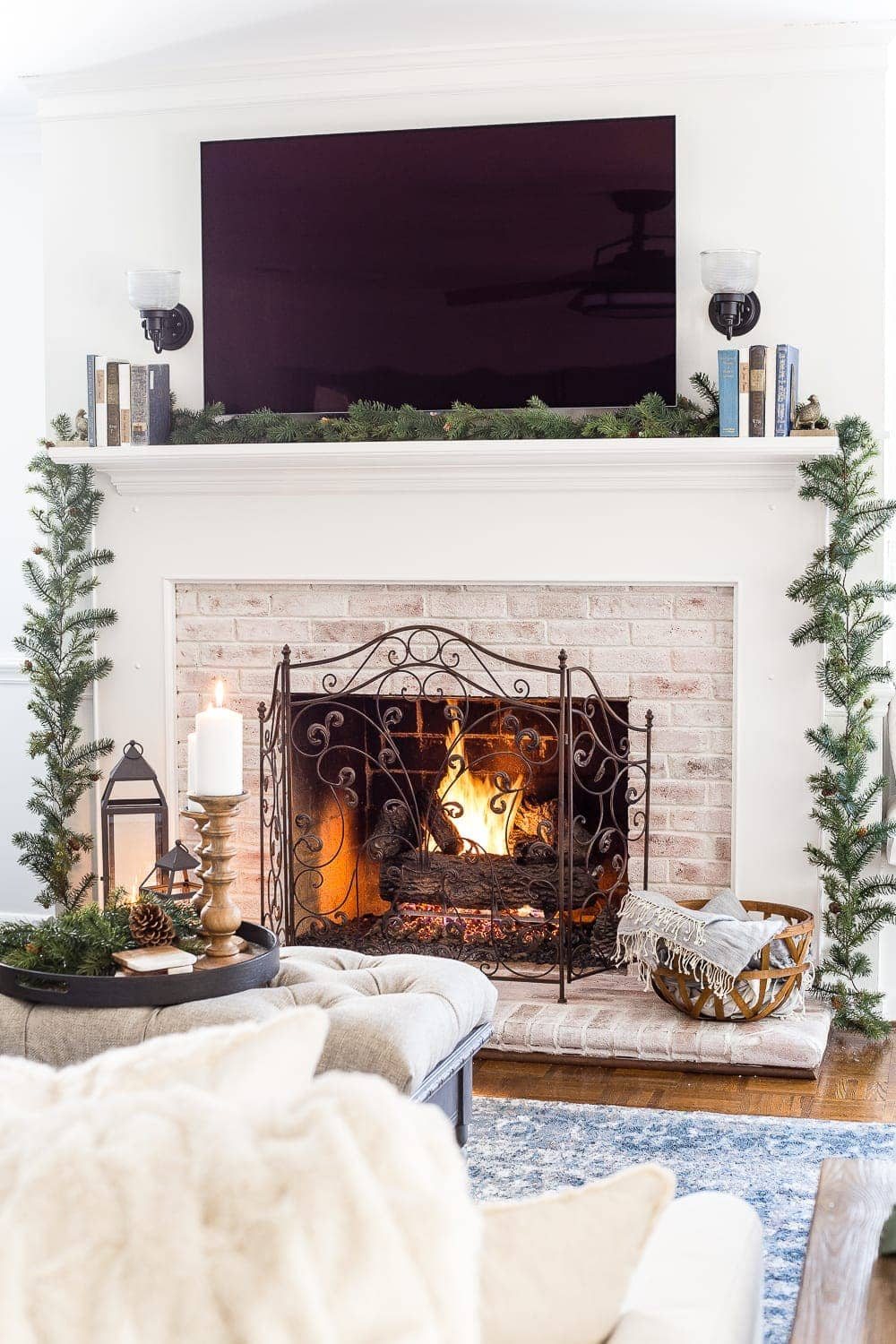 simple winter mantel with books