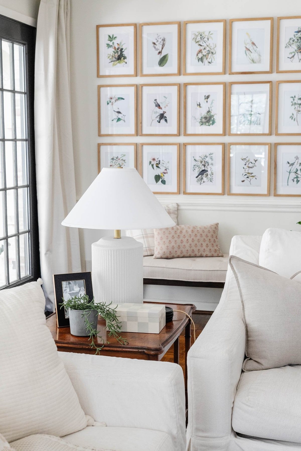 how to make your house look expensive - swap your lamp shades - living room end table decor with a lamp and empire lamp shade