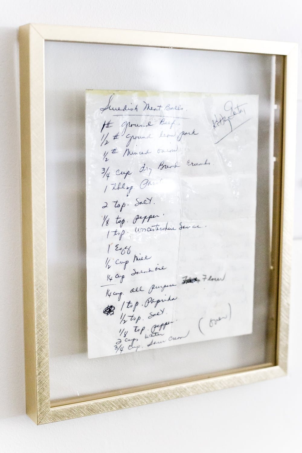 Preserved and framed handwritten recipe