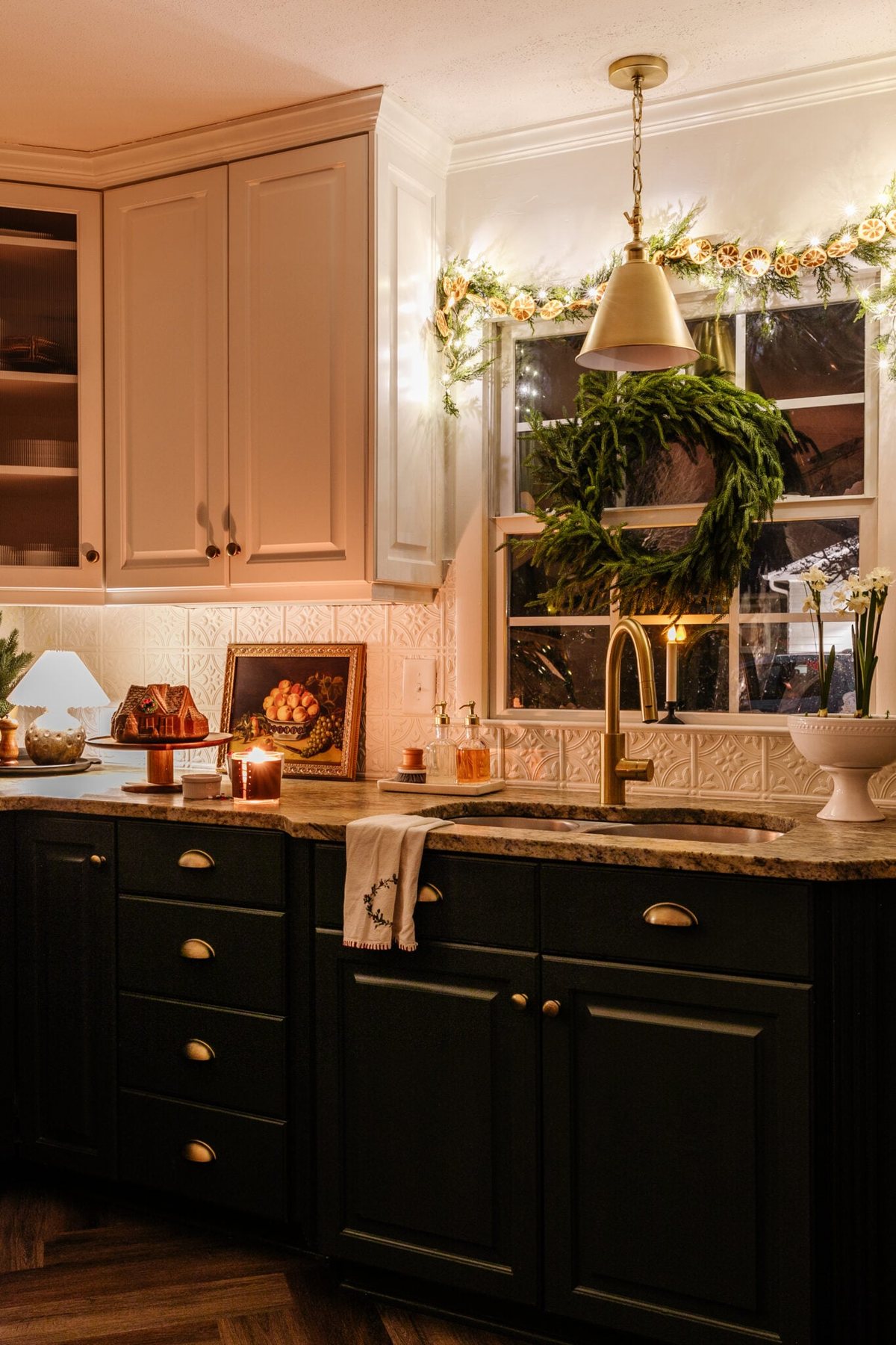 Christmas kitchen decor at night