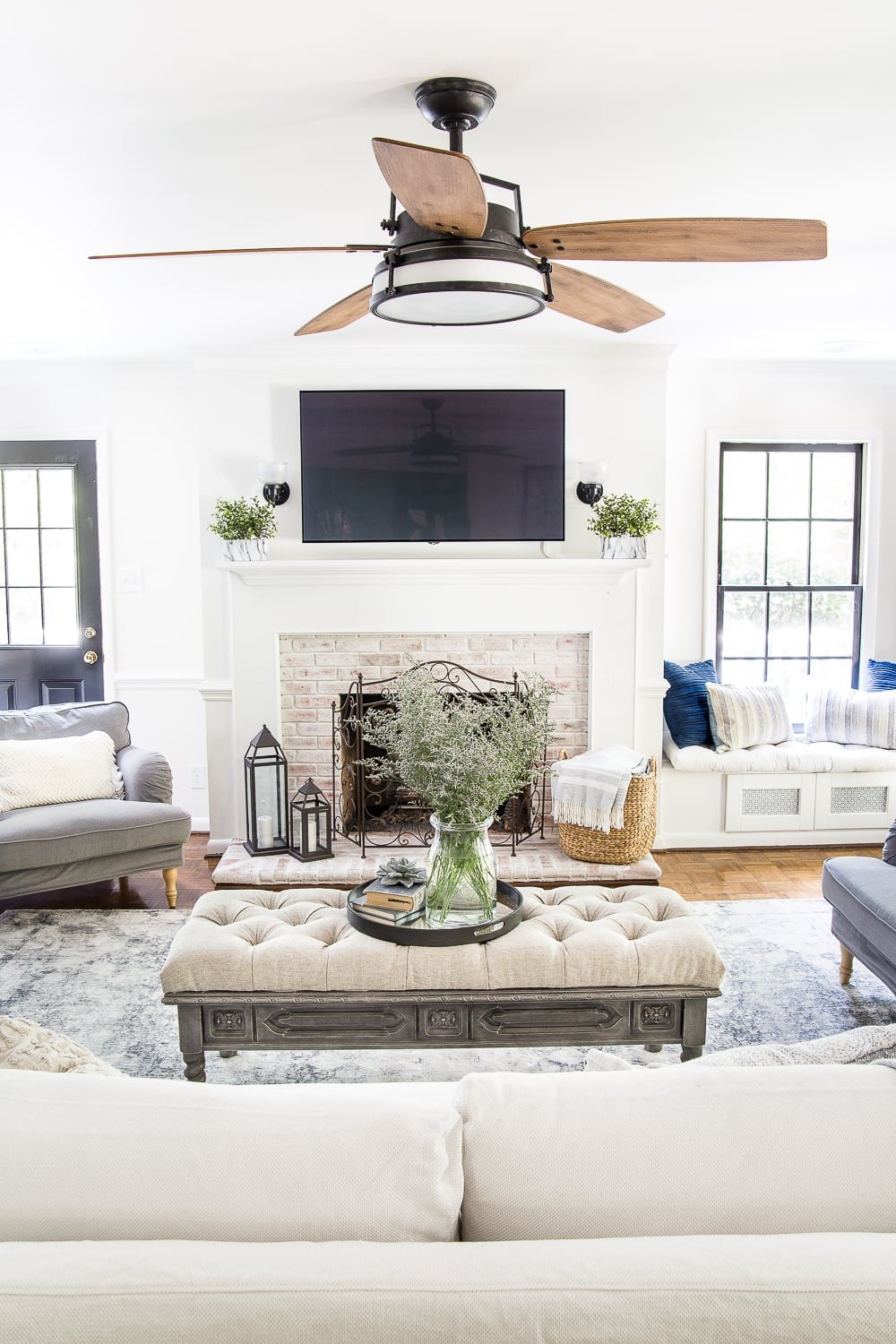 Light and airy summer living room with modern farmhouse style